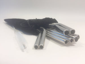 This 8 piece reusable stainless steel silver straw variety collection comes with a brush and a elegant velvet pouch. The collection includes 2-10.5" curved straws, 2-10.5" straight straws, 2-8.5" curved straws and 2-8.5" straight straws. Each size has a straw with narrow diameter and a straw with a wide diameter straw so all your drinking needs are taken care of with this collection! 
