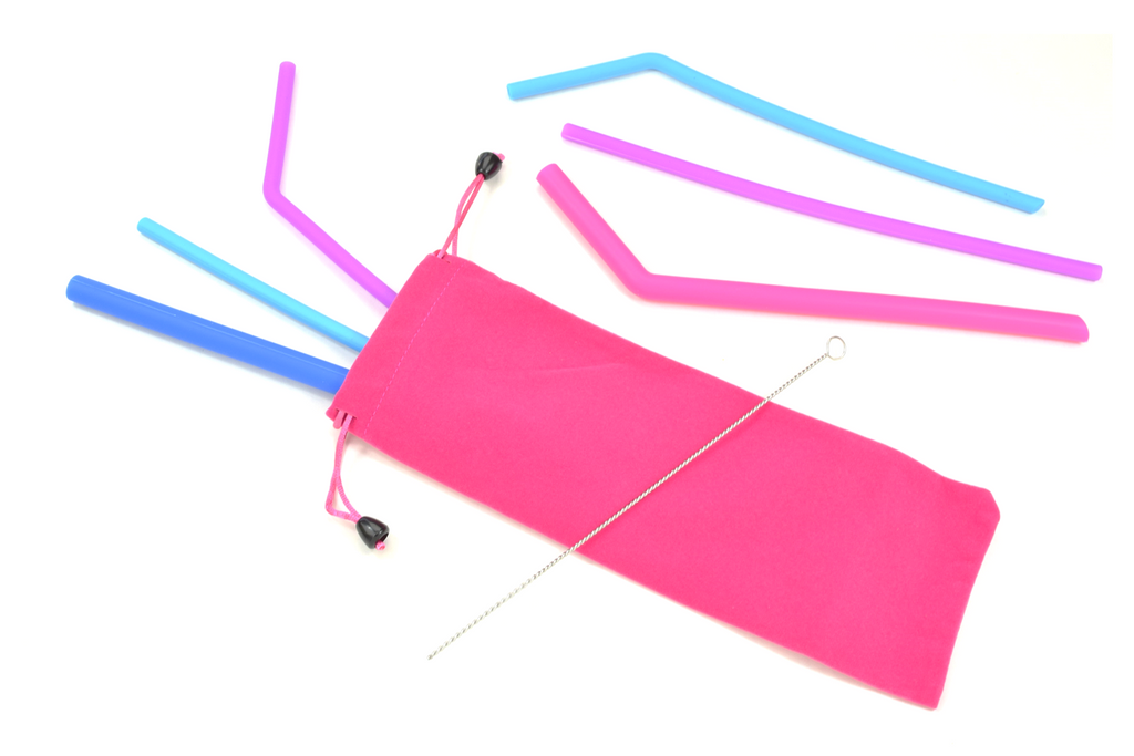 6-Piece Silicone Straw Set with Pink Bag : Silicone Collection